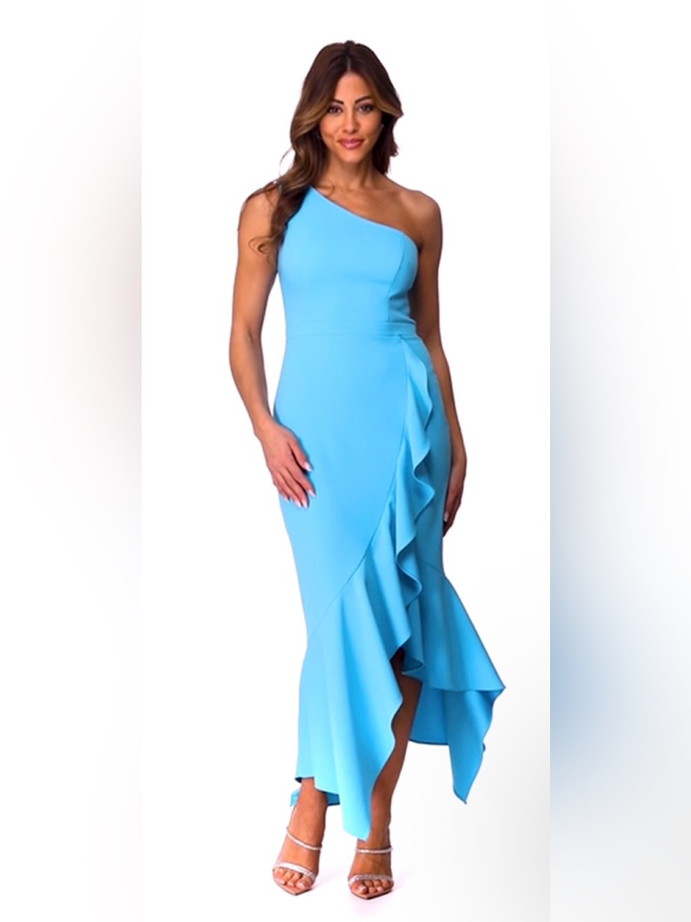 Xscape One-Shoulder Ruffle Midi Dress in Sky Blue